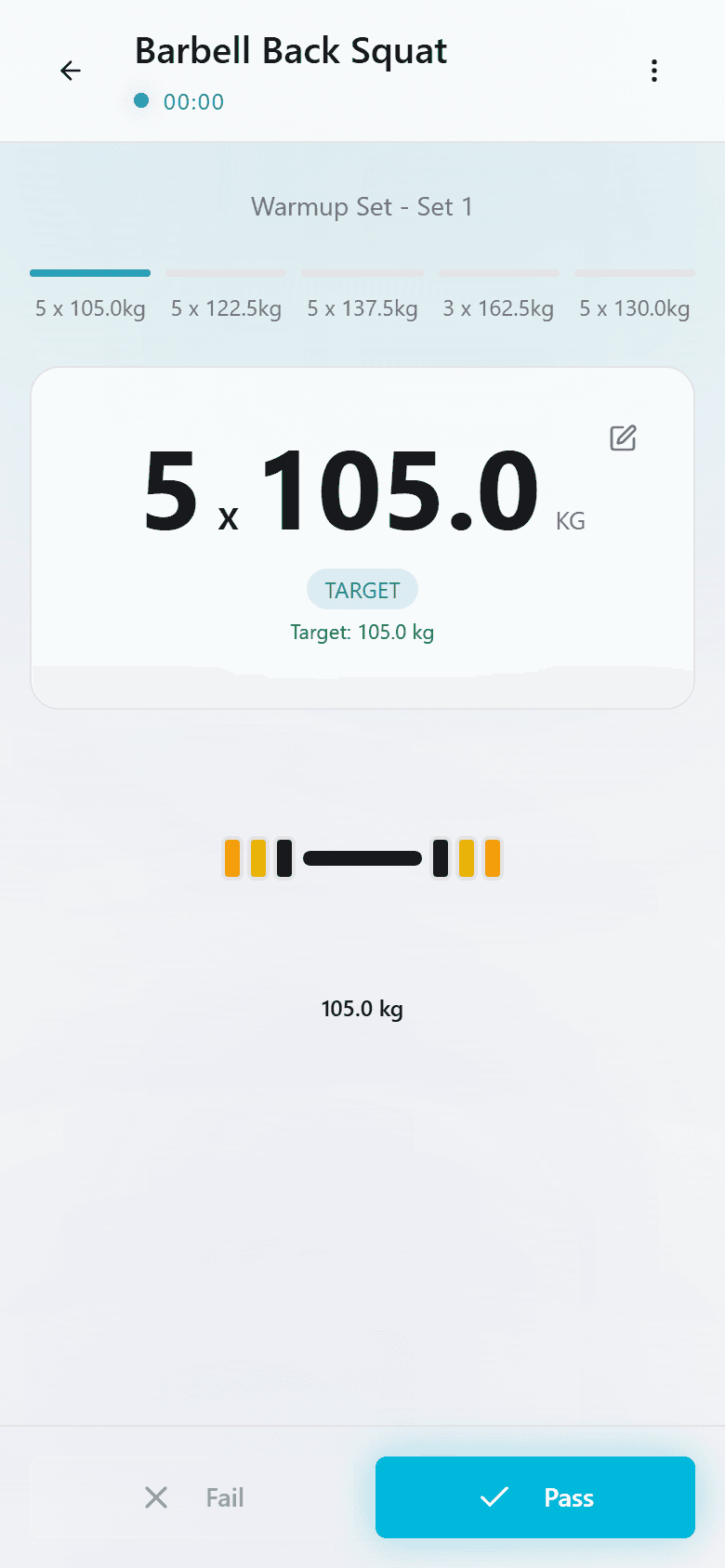 Protocol timer showing prescribed weight and set progress
