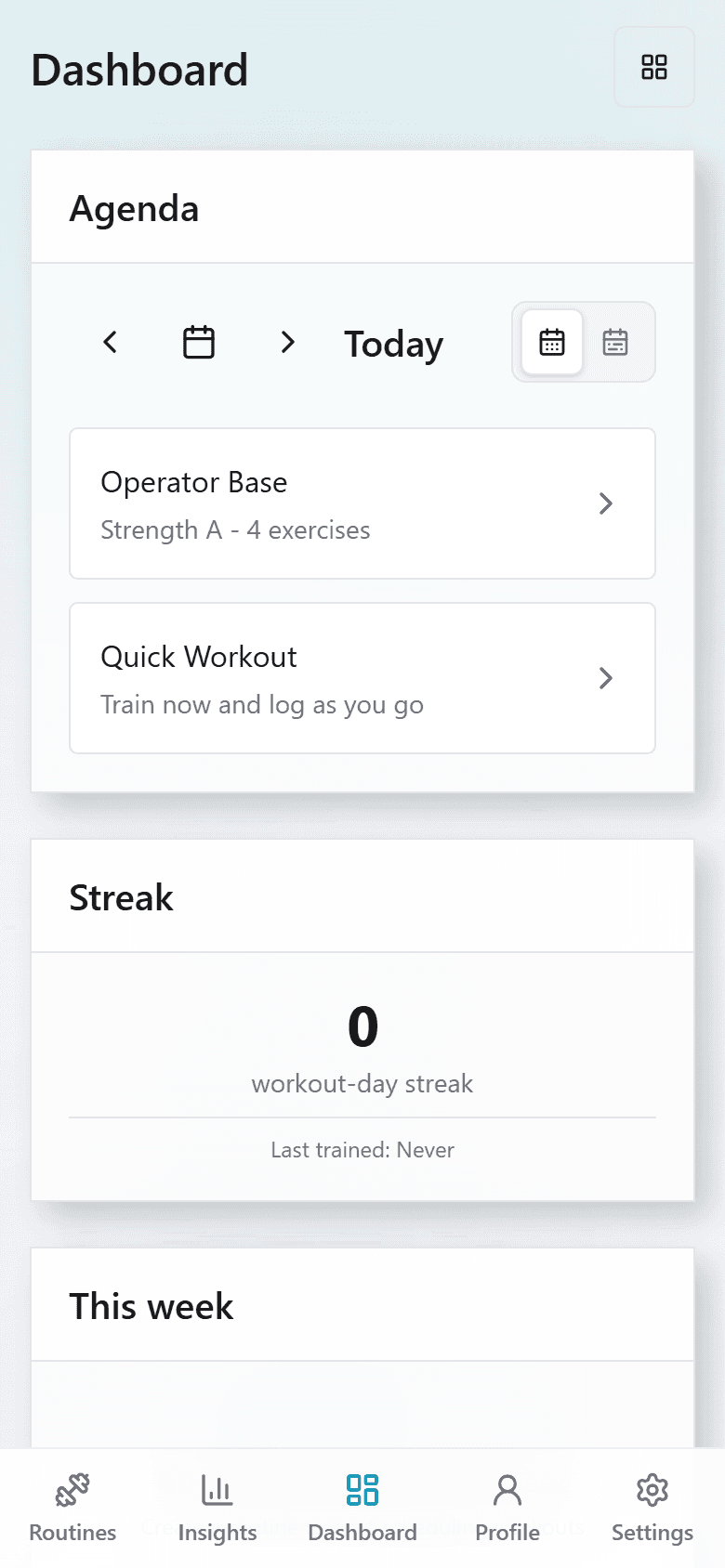Protocol dashboard showing today's agenda and quick workout entry
